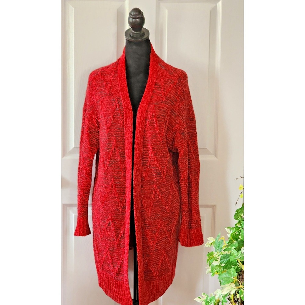 Y2K Maurice's Chunky-Knit Longline Open Front V-Neck Cardigan in Red & Black MD